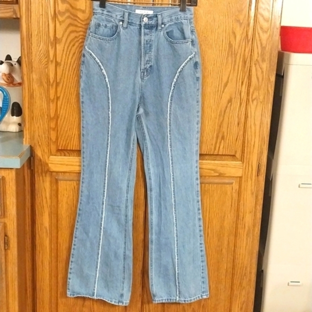 PacSun Women's Sz 26 Frayed High Waisted Bootcut Jeans‎ Med Blue Wash Button-Fly